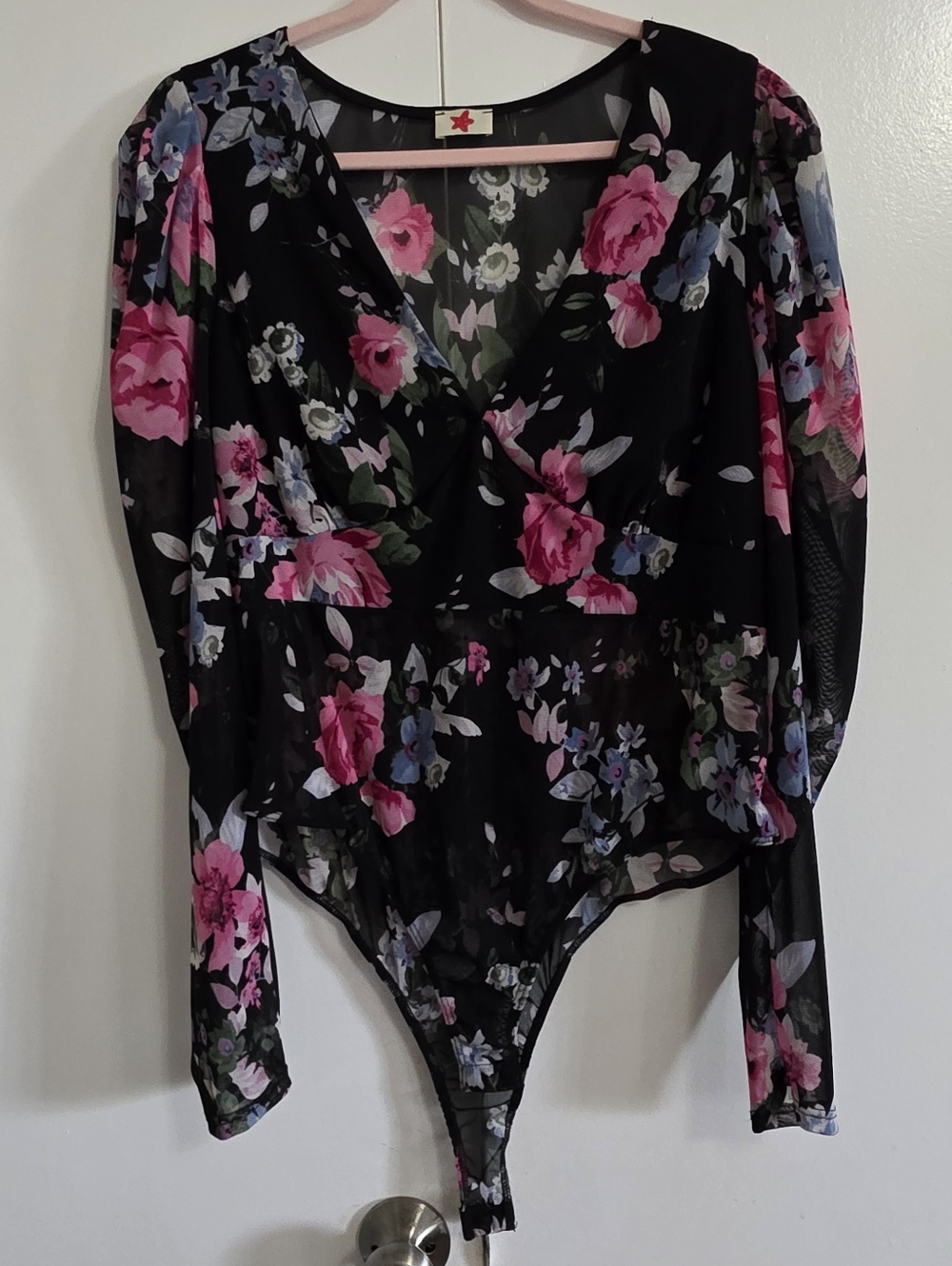 Plus Size Floral Mesh V-Neck Bodysuit